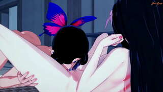 Shinobu fucks Nezuko कुत्ते के शैली, जब तक वह orgasms.